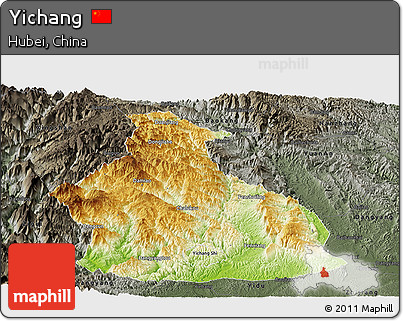 Physical Panoramic Map of Yichang, darken, semi-desaturated