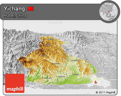 Physical Panoramic Map of Yichang, lighten, desaturated