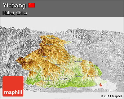 Physical Panoramic Map of Yichang, lighten, desaturated