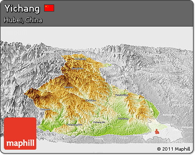 Physical Panoramic Map of Yichang, lighten, desaturated