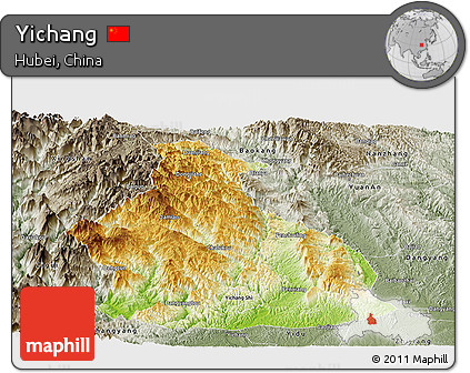 Physical Panoramic Map of Yichang, semi-desaturated