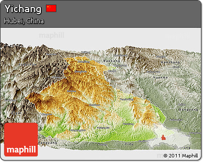 Physical Panoramic Map of Yichang, semi-desaturated