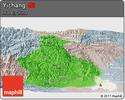 Political Panoramic Map of Yichang, lighten, semi-desaturated