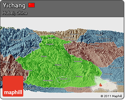 Political Panoramic Map of Yichang, semi-desaturated