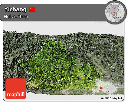 Satellite Panoramic Map of Yichang, semi-desaturated
