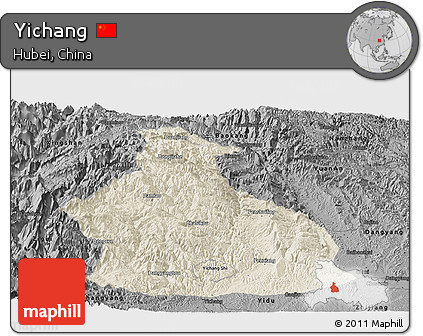 Shaded Relief Panoramic Map of Yichang, darken, desaturated