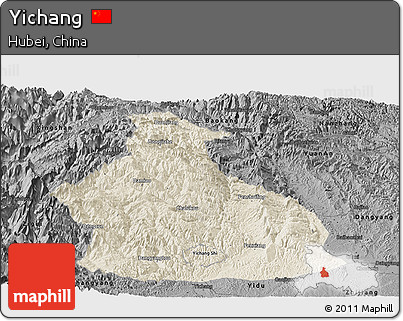 Shaded Relief Panoramic Map of Yichang, darken, desaturated
