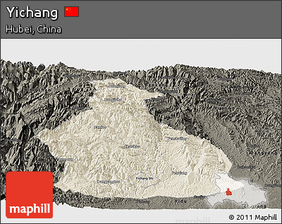 Shaded Relief Panoramic Map of Yichang, darken
