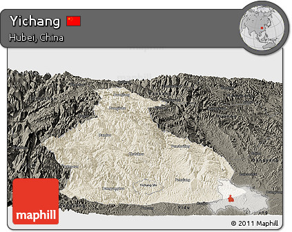 Shaded Relief Panoramic Map of Yichang, darken