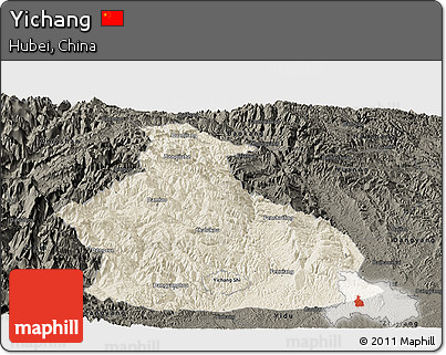 Shaded Relief Panoramic Map of Yichang, darken