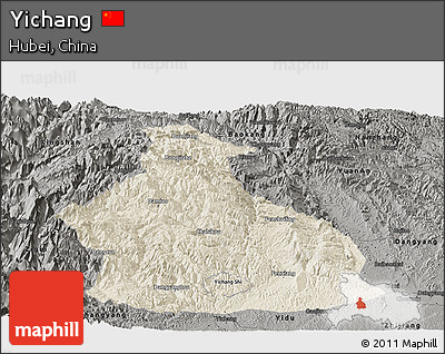 Shaded Relief Panoramic Map of Yichang, darken, semi-desaturated