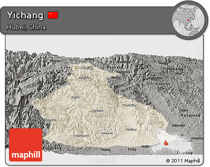 Shaded Relief Panoramic Map of Yichang, darken, semi-desaturated