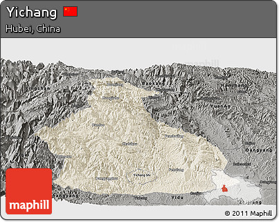 Shaded Relief Panoramic Map of Yichang, darken, semi-desaturated