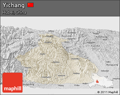 Shaded Relief Panoramic Map of Yichang, desaturated