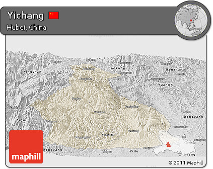 Shaded Relief Panoramic Map of Yichang, desaturated