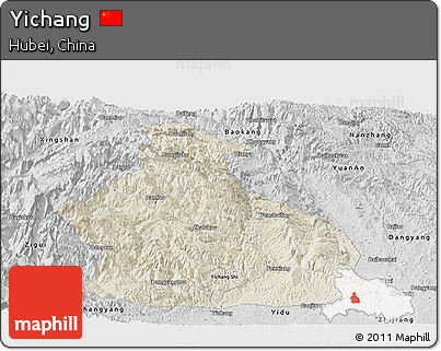 Shaded Relief Panoramic Map of Yichang, desaturated