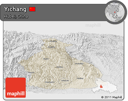 Shaded Relief Panoramic Map of Yichang, lighten, desaturated