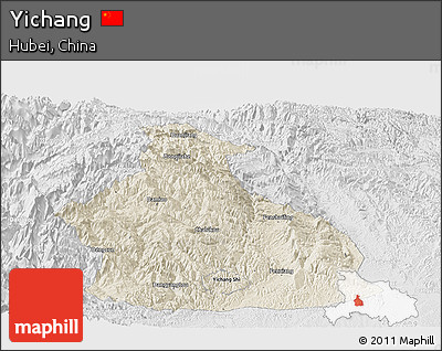 Shaded Relief Panoramic Map of Yichang, lighten, desaturated