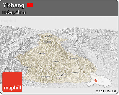 Shaded Relief Panoramic Map of Yichang, lighten, desaturated