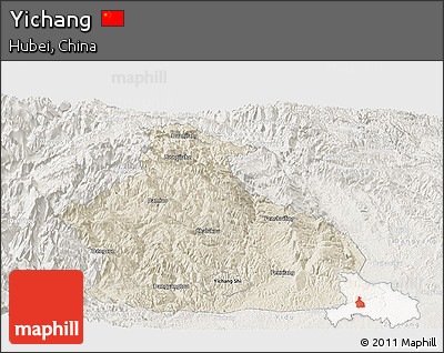 Shaded Relief Panoramic Map of Yichang, lighten
