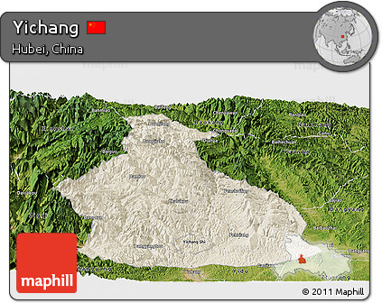 Shaded Relief Panoramic Map of Yichang, satellite outside