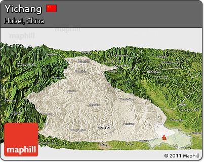 Shaded Relief Panoramic Map of Yichang, satellite outside