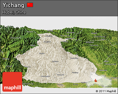 Shaded Relief Panoramic Map of Yichang, satellite outside