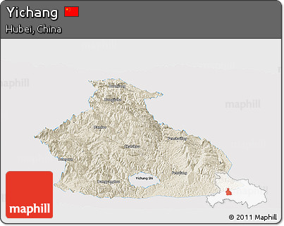 Shaded Relief Panoramic Map of Yichang, single color outside