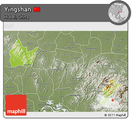 Physical 3D Map of Yingshan, semi-desaturated