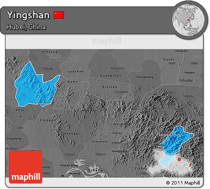 Political 3D Map of Yingshan, darken, desaturated