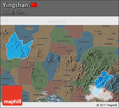 Political 3D Map of Yingshan, darken, semi-desaturated