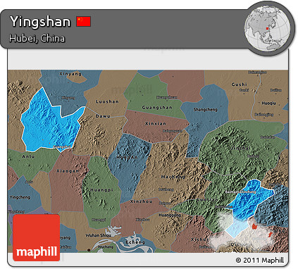 Political 3D Map of Yingshan, darken, semi-desaturated