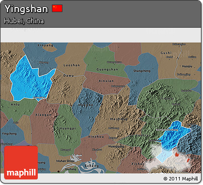 Political 3D Map of Yingshan, darken, semi-desaturated