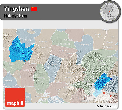 Political 3D Map of Yingshan, lighten, semi-desaturated