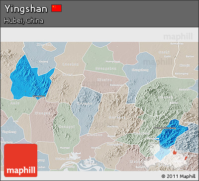 Political 3D Map of Yingshan, lighten, semi-desaturated