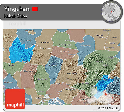 Political 3D Map of Yingshan, semi-desaturated