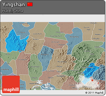 Political 3D Map of Yingshan, semi-desaturated