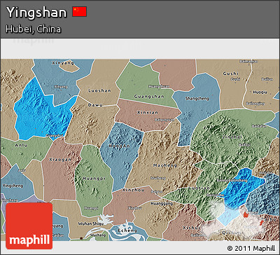 Political 3D Map of Yingshan, semi-desaturated