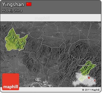 Satellite 3D Map of Yingshan, darken, desaturated