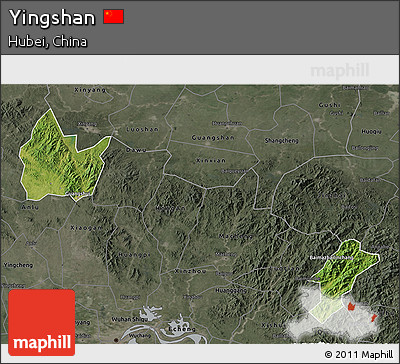 Satellite 3D Map of Yingshan, darken, semi-desaturated