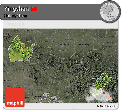 Satellite 3D Map of Yingshan, darken, semi-desaturated