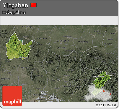 Satellite 3D Map of Yingshan, darken, semi-desaturated