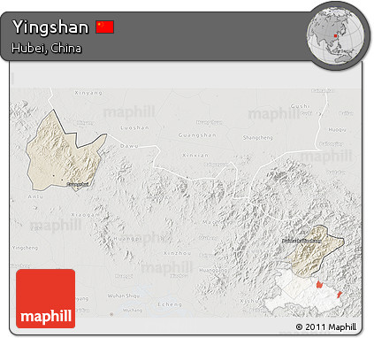 Shaded Relief 3D Map of Yingshan, lighten, semi-desaturated