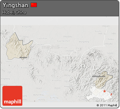Shaded Relief 3D Map of Yingshan, lighten, semi-desaturated