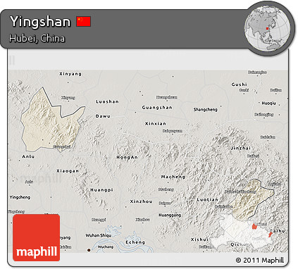 Shaded Relief 3D Map of Yingshan, semi-desaturated