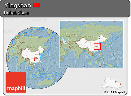 Savanna Style Location Map of Yingshan, highlighted country, highlighted parent region, within the entire country, hill shading
