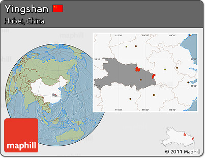 Savanna Style Location Map of Yingshan, highlighted country, highlighted parent region, hill shading