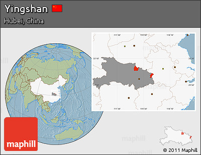 Savanna Style Location Map of Yingshan, highlighted country, highlighted parent region, hill shading
