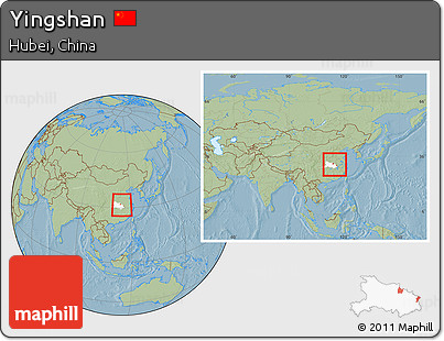 Savanna Style Location Map of Yingshan, highlighted parent region, within the entire country, hill shading