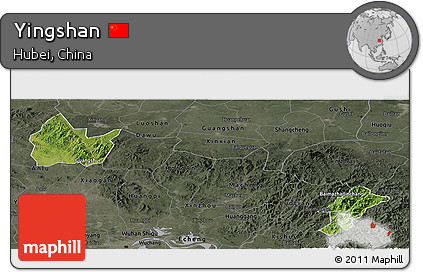 Satellite Panoramic Map of Yingshan, darken, semi-desaturated